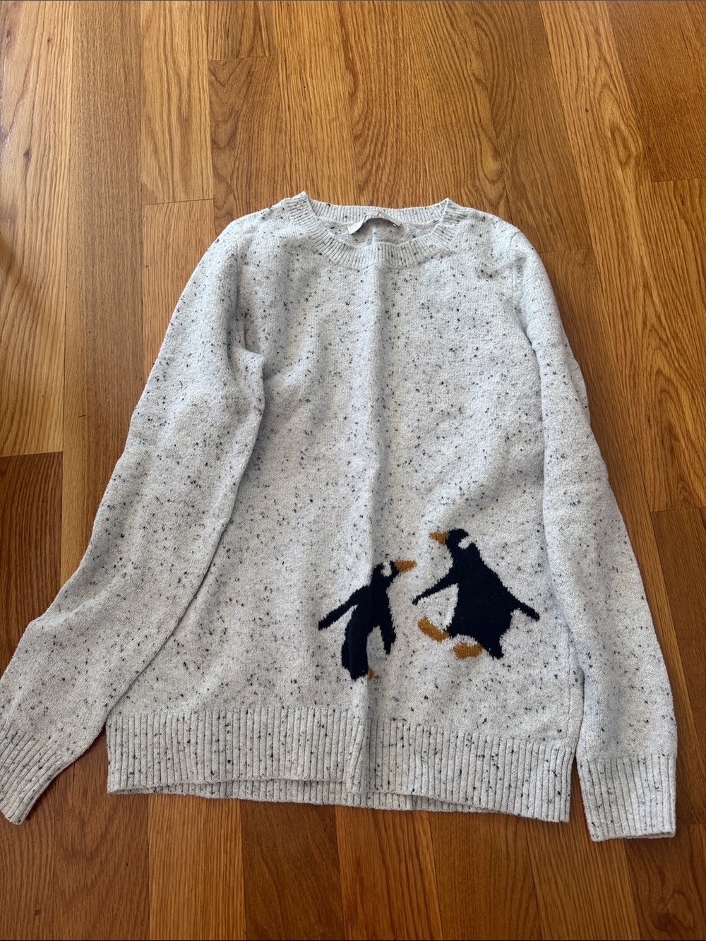 LOFT Speckled Cream Sweater with Navy Penguin Motif